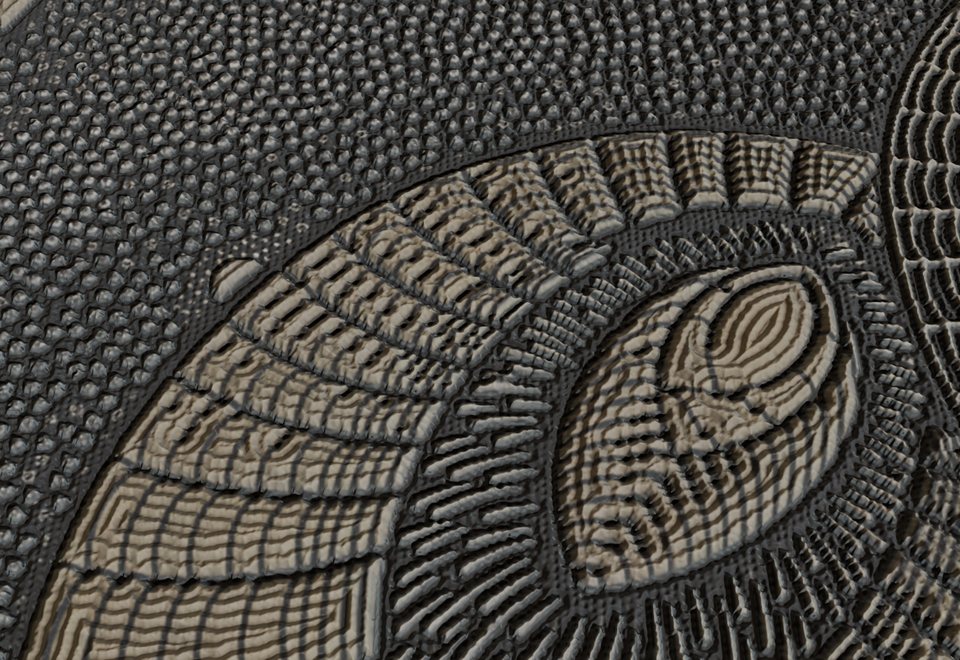 Close-up of a deco-fan embroidery made in Matelume: raised threads catch a low light and cast shadows on the dark cloth, rendered in Blender Cycles