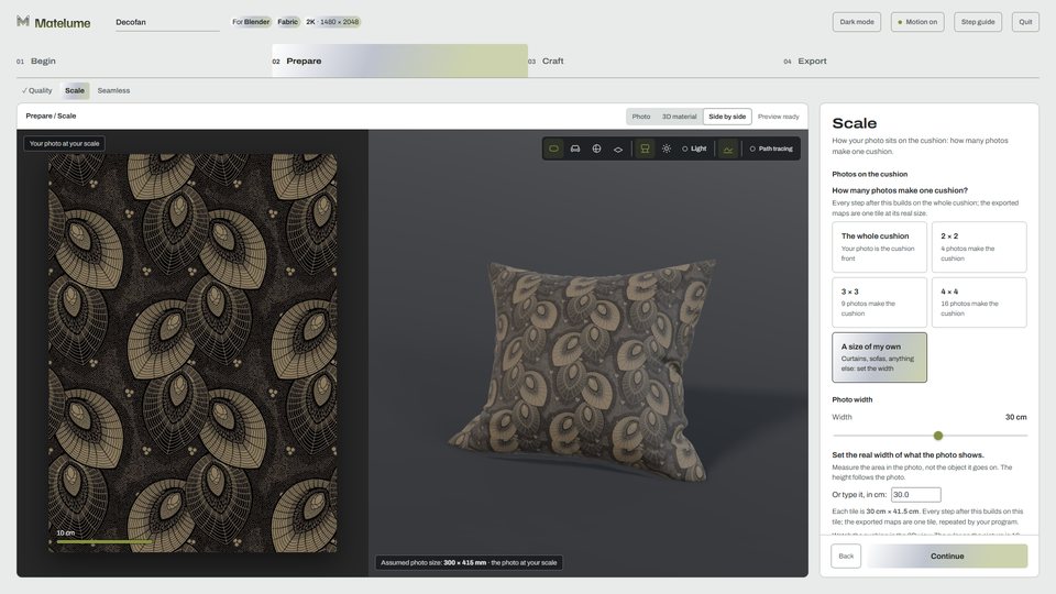 Matelume Studio, Prepare step: setting the real size of the photo on the cushion